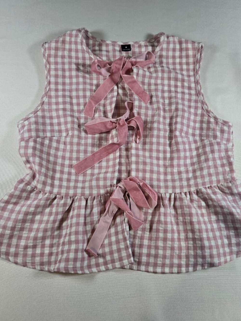 SHEIN Women’s Pink Gingham Peplum Top Size M Velvet Bow Front Coquette
